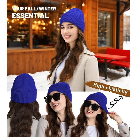 Women's Beanie Royal Blue Wool Unisex Cuffed Knit Winter Skull Ski Hats Caps - Picture 2 of 6